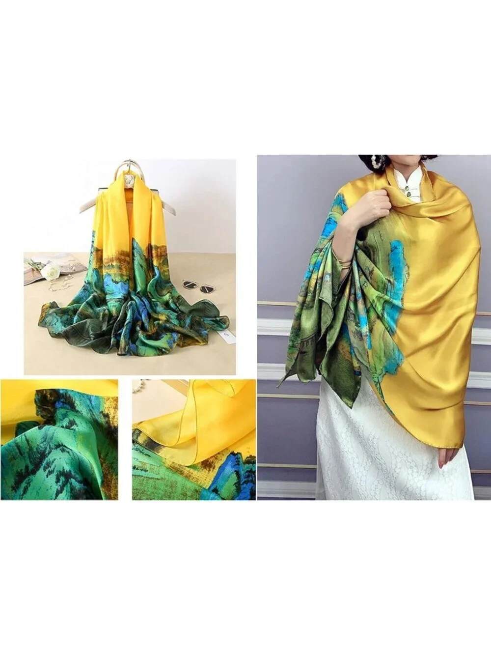 Women's Yellow Lightweight Silk Like Scarves Flower Print Head Cotton Wrap Scarf